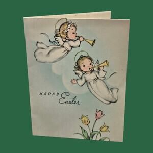 Marjorie Cooper Easter Two Cherub Angels Play Trumpets Vintage Rust Craft Card